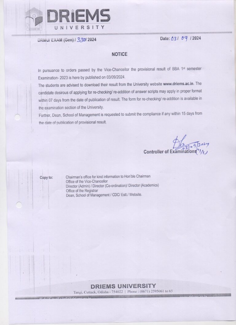 BBA 1st semester result publication notice