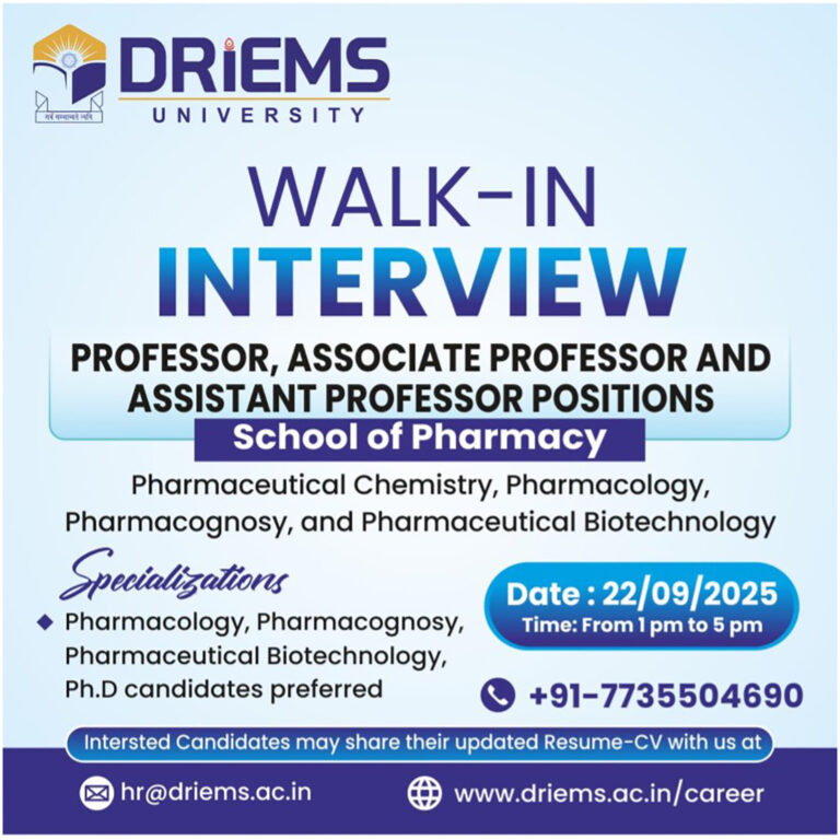 Associate Professor| Professor | Assistant Professor | School of Pharmacy | DRIEMS University